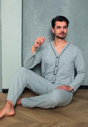 Pijama bărbați din bumbac cu mânecă lungă și pantaloni lungi