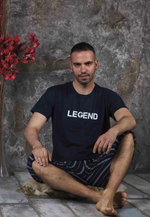 Pijama bărbați din bumbac – tricou cu imprimeu "LEGEND"- Bleumarin