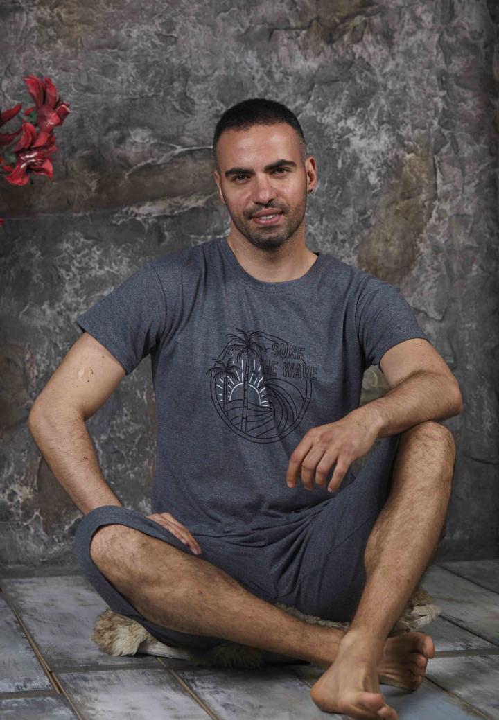 Pijama bărbați din bumbac – tricou cu imprimeu "SURF THE WAVE" - Gri