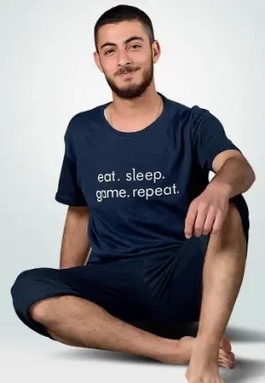 Pijama bărbați din bumbac – tricou imprimeu "EAT SLEEP GAME REPEAT" -bleumarin