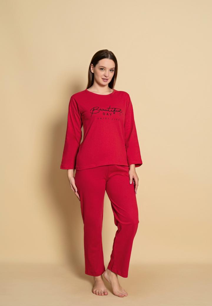 Pijama damă cu mânecă lungă și pantaloni lungi asortați, imprimeu ,,Beautiful Day"