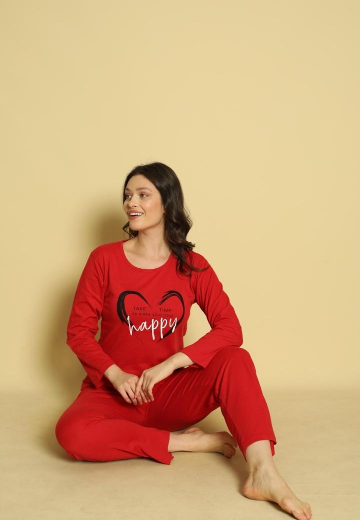 Pijama damă cu mânecă lungă și pantaloni lungi asortați, imprimeu ,,Happy"
