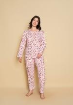 Pijama damă cu mânecă lungă și pantaloni lungi asortați, imprimeu cu inimioare