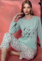 Pijama damă cu mânecă lungă și pantaloni lungi asortați, imprimeu ,,Cute, Pretty", blue