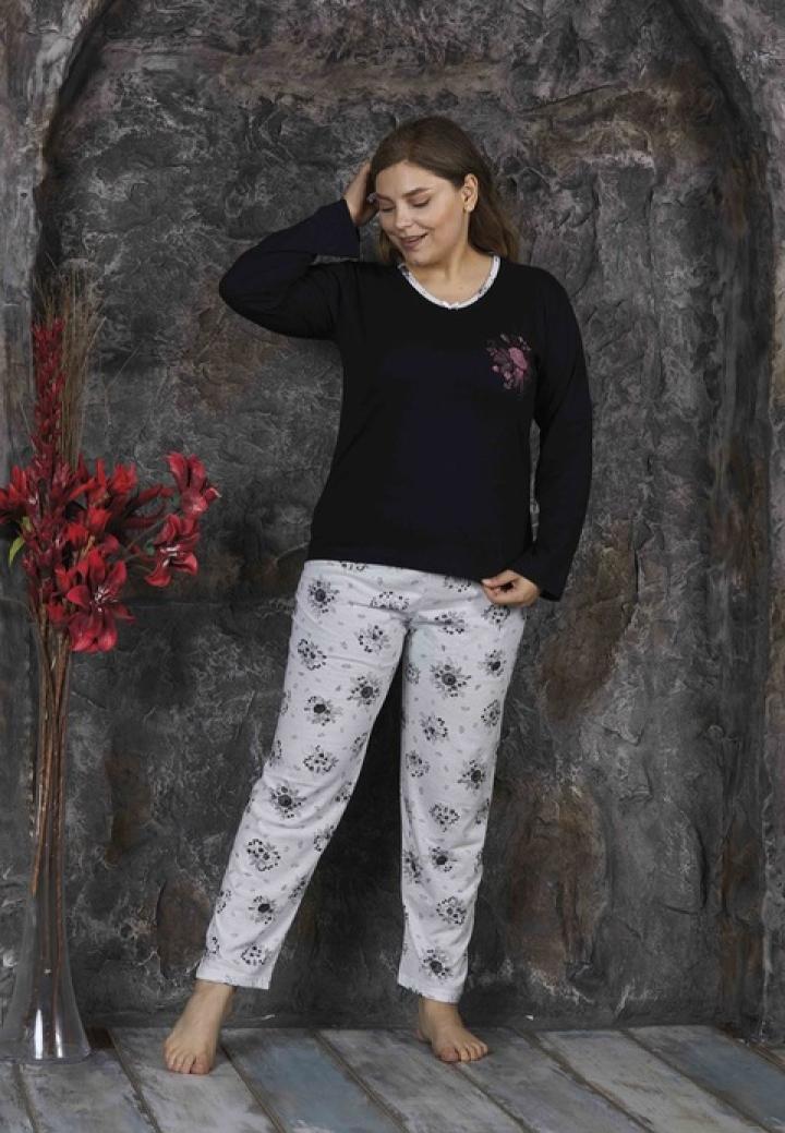 Pijama damă, cu mânecă lungă și pantaloni lungi din bumbac, imprimeu floral, mov