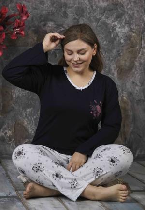 Pijama damă, cu mânecă lungă și pantaloni lungi din bumbac, imprimeu floral, mov
