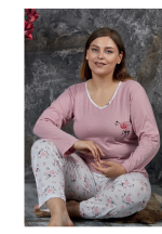 Pijama damă, cu mânecă lungă și pantaloni lungi din bumbac, imprimeu floral, roz