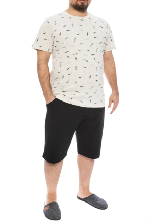Pijama barbati din bumbac, bluza cu maneca scurta si pantaloni scurti, imprimeu delfini, crem