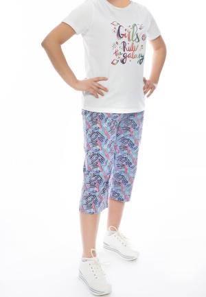 Pijama damă Freenight alb, bumbac, imprimeu „Girls Rule Galaxy”, tricou, pantaloni 3/4