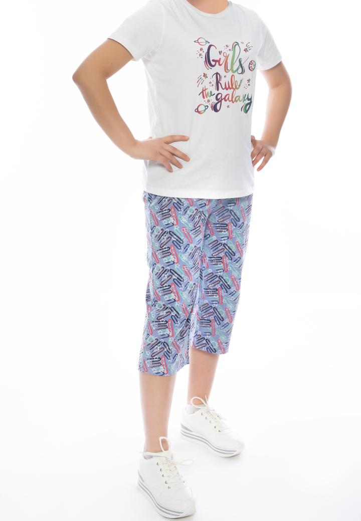 Pijama damă Freenight alb, bumbac, imprimeu „Girls Rule Galaxy”, tricou, pantaloni 3/4