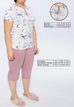 Pijama damă Freenight mov, bumbac, imprimeu frunze, tricou, pantaloni 3/4