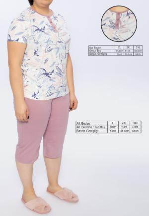 Pijama damă Freenight mov, bumbac, imprimeu frunze, tricou, pantaloni 3/4
