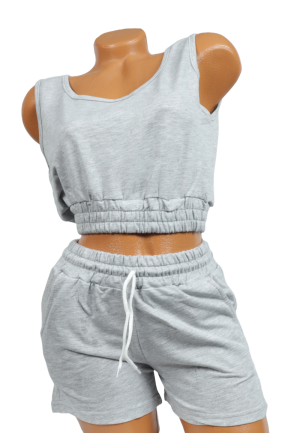 Compleu damă casual – set top scurt și pantaloni scurți, culoare gri