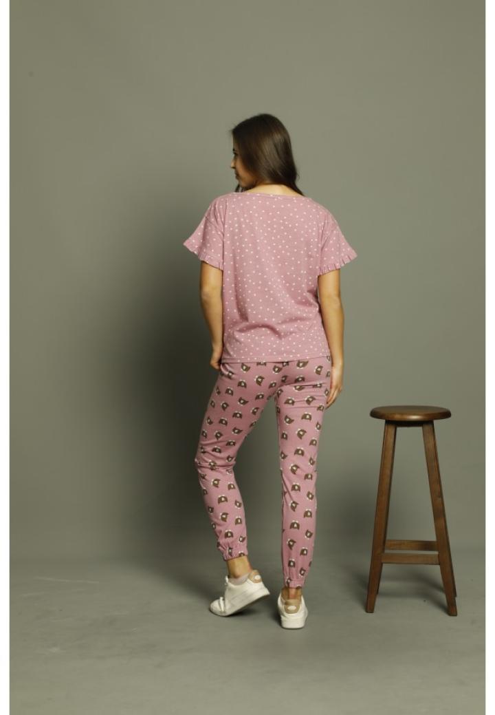 Pijama dama din bumbac Serena cu imprimeu ursulet, maneca scurta si pantaloni lungi
