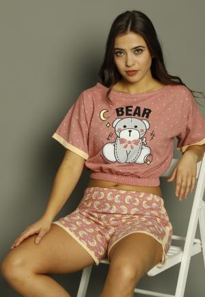 Pijama damă, cu mânecă scurtă și pantaloni scurti din bumbac, imprimeu Bear