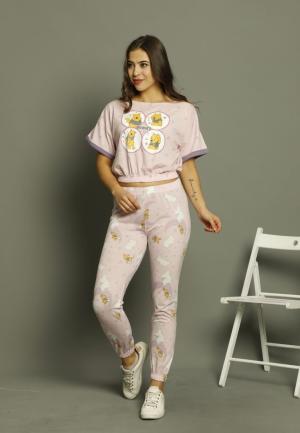 Pijama damă, cu mânecă scurtă și pantaloni lungi din bumbac, imprimeu Good Night