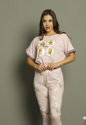Pijama damă, cu mânecă scurtă și pantaloni lungi din bumbac, imprimeu Good Night