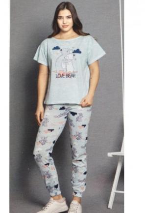 Pijama damă, cu mânecă scurtă și pantaloni lungi din bumbac, imprimeu ,,Love Bear''