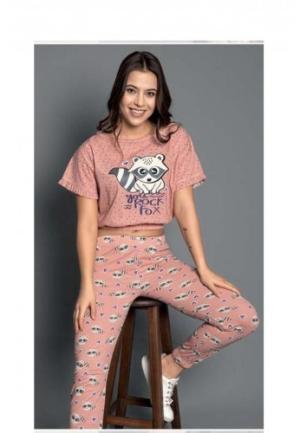 Pijama damă, cu mânecă scurtă și pantaloni lungi din bumbac, imprimeu ,,You Rock Fox''