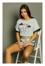Pijama damă, cu mânecă scurtă și pantaloni scurti din bumbac, imprimeu ,,Love You''