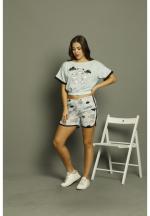 Pijama damă, cu mânecă scurtă și pantaloni scurti din bumbac, imprimeu ,,Love You''