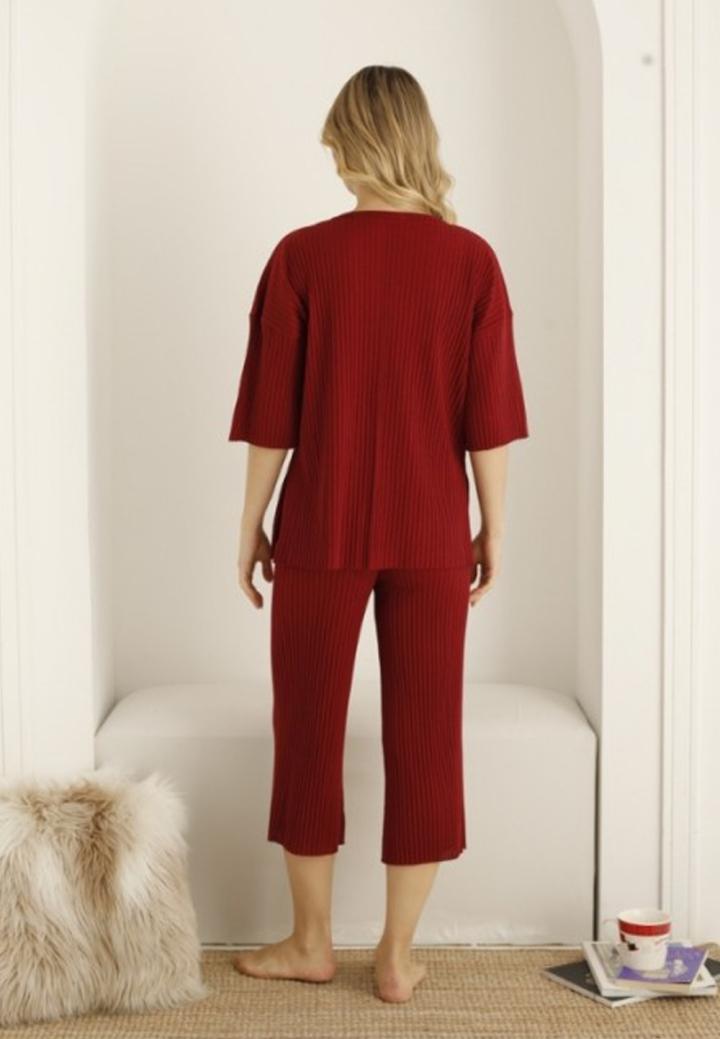 Pijama damă, culoare bordo, imprimeu floare