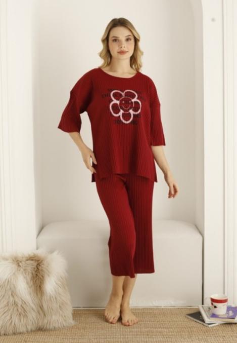 Pijama damă, culoare bordo, imprimeu floare