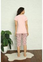 Pijama dama din bumbac cu imprimeu "Don’t forget to smile", maneca scurta si pantaloni 3/4, roz deschis