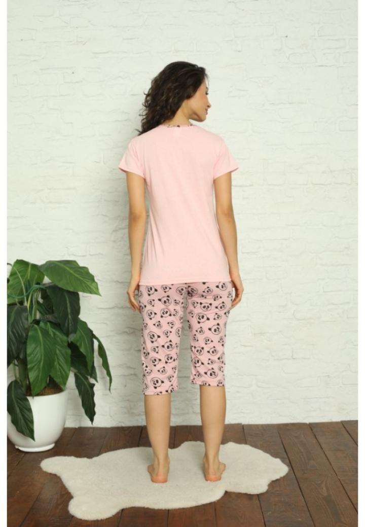Pijama dama din bumbac cu imprimeu "Don’t forget to smile", maneca scurta si pantaloni 3/4, roz deschis
