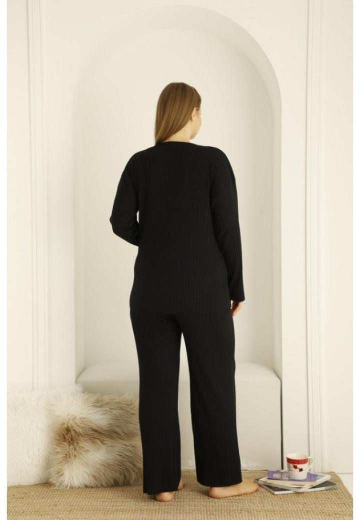 Pijama damă, mânecă lungă și pantaloni lungi cu imprimeu Time For Love, NEGRU