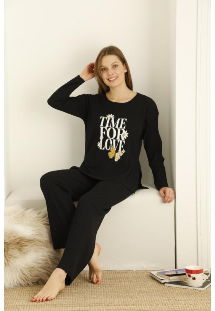 Pijama damă, mânecă lungă și pantaloni lungi cu imprimeu Time For Love, NEGRU