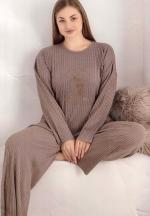 Pijama damă BIG SIZE, mânecă lungă și pantaloni lungi, din bumbac, culoare maro