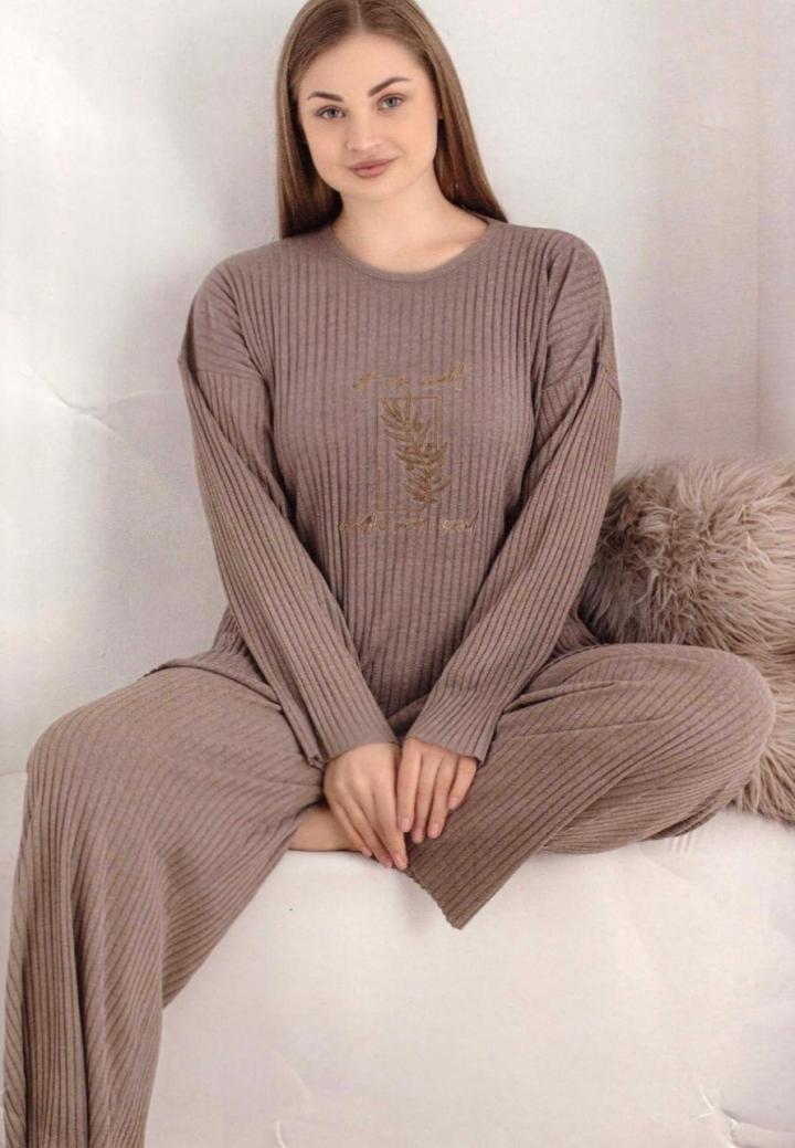 Pijama damă BIG SIZE, mânecă lungă și pantaloni lungi, din bumbac, culoare maro