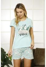 Pijama dama din bumbac, tricou blue cu imprimeu ,,Summer vibes" și pantaloni scurti asortați