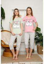 Pijama dama din bumbac, tricou roz cu imprimeu "Love" și pantaloni 3/4 asortați