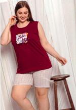 Pijama dama big size din bumbac, tricou cu imprimeu „Like A Star” și pantaloni scurti asortați, visiniu
