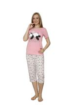 Pijama dama din bumbac, tricou roz cu imprimeu ,,Boring' și pantaloni 3/4