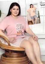 Pijama dama big size din bumbac, tricou roz cu imprimeu „Hello World” și pantaloni scurti asortați, roz
