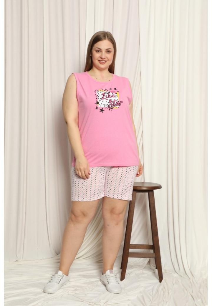 Pijama dama big size din bumbac, tricou roz cu imprimeu „Like A Star” și pantaloni 3/4 asortați