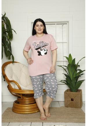 Pijama dama big size din bumbac, tricou roz cu imprimeu ,,Selfie" și pantaloni 3/4