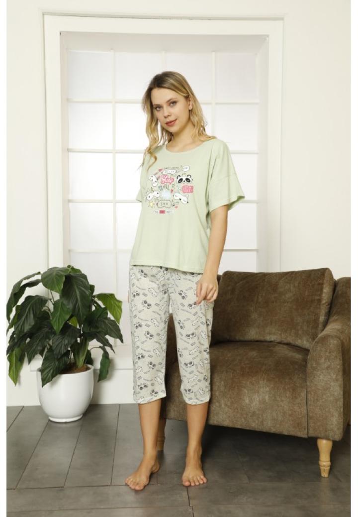 Pijama dama big size din bumbac, tricou verde cu imprimeu ,,Sleep All Day'' și pantaloni 3/4