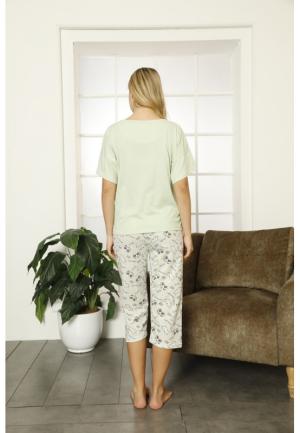 Pijama dama big size din bumbac, tricou verde cu imprimeu ,,Sleep All Day'' și pantaloni 3/4