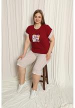 Pijama dama big size din bumbac, tricou visiniu cu imprimeu „Like A Star” și pantaloni 3/4 asortați