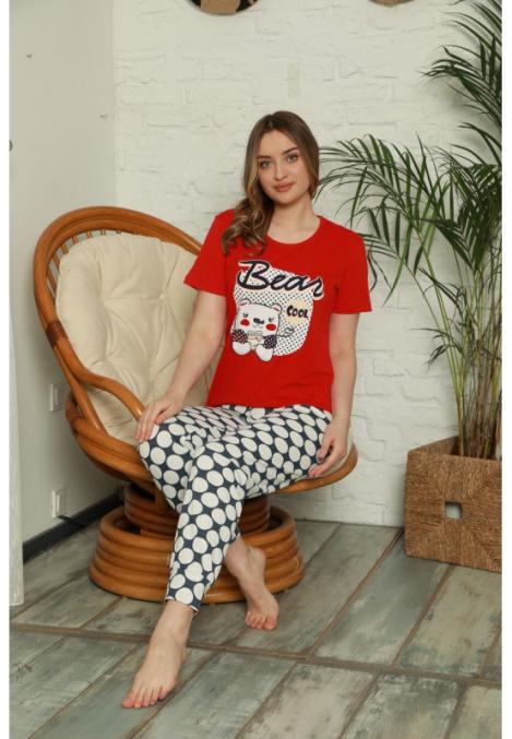 Pijama damă, cu mânecă scurtă și pantaloni 3/4 din bumbac, imprimeu Bear, rosu