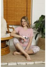Pijama damă, cu mânecă scurtă și pantaloni 3/4 din bumbac, imprimeu Flamingo, roz