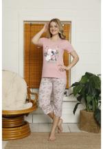 Pijama damă, cu mânecă scurtă și pantaloni 3/4 din bumbac, imprimeu Flamingo, roz