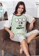 Pijama damă, cu mânecă scurtă și pantaloni 3/4 din bumbac, imprimeu I'm So Happy, verde