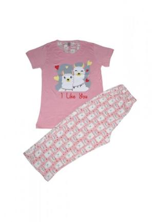 Pijama damă, cu mânecă scurtă și pantaloni 3/4, imprimeu I Like You, roz pudra