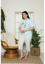Pijama dama din bumbac Big Size cu imprimeu Love, tricou si pantaloni 3/4, blue