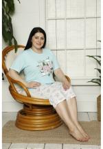 Pijama dama din bumbac Big Size cu imprimeu Love, tricou si pantaloni 3/4, blue